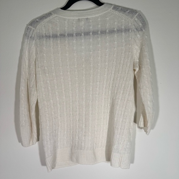 J. Crew White V-Neck Linen Cable Knit Sweater 3/4 Sleeve Size S Old Money Preppy - Picture 7 of 8